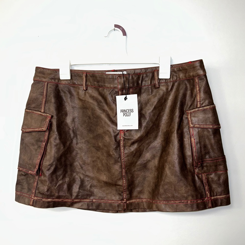 Princess Polly Tanza Faux Leather Mini Skirt Brown Women Size 10 Cargo New